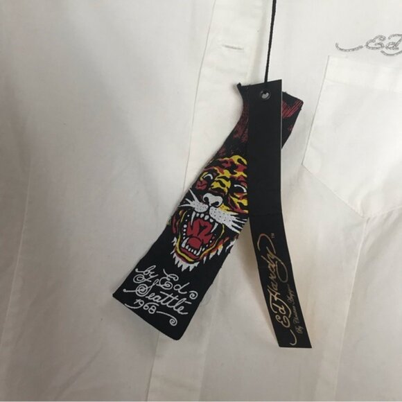 Ed Hardy NEW Vintage Logo Sequins Embroidery Shirt Floral Cotton Button Blouse S - Picture 11 of 16
